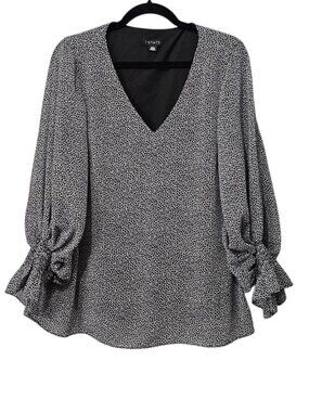 1.State V-neck Long Sleeve Smocked Cuff Sheer Overlay Black And White Top Size L